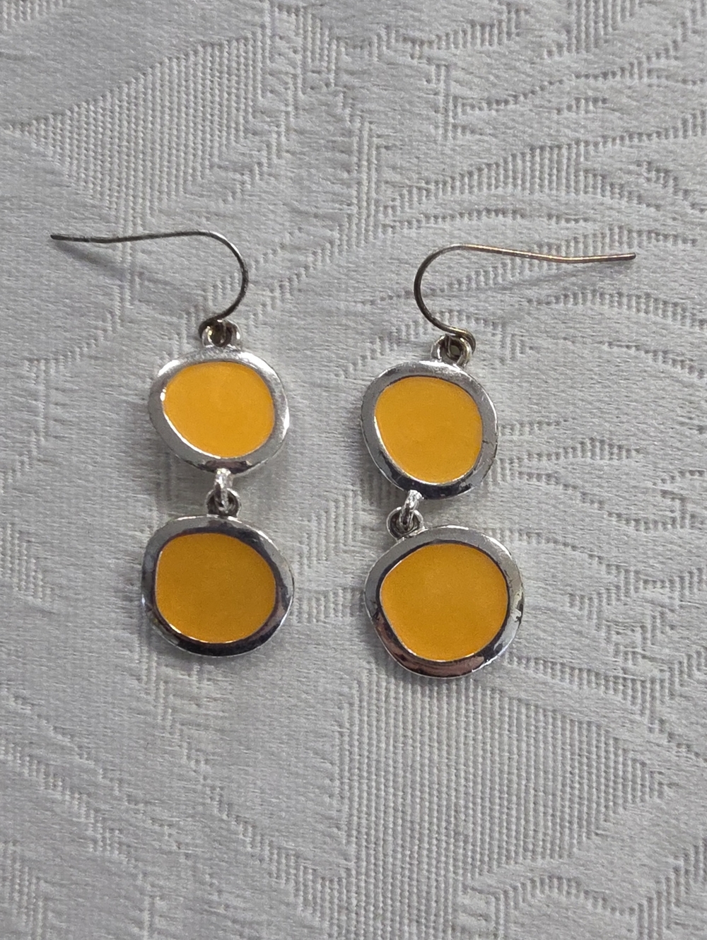 Yellow Enamel Double Drop Earrings Silver Tone Frame Dangle Earrings